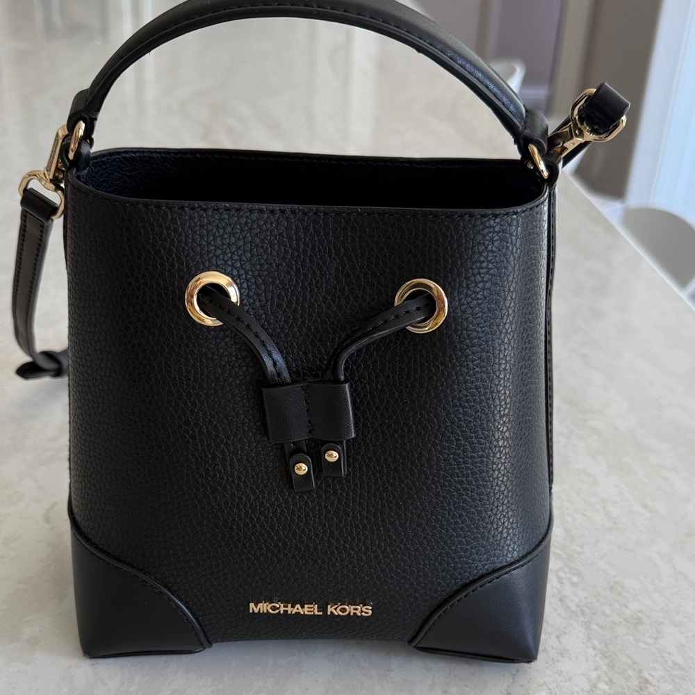 Michael Kors Black Pebbled Leather Drawstring Bucket Bag